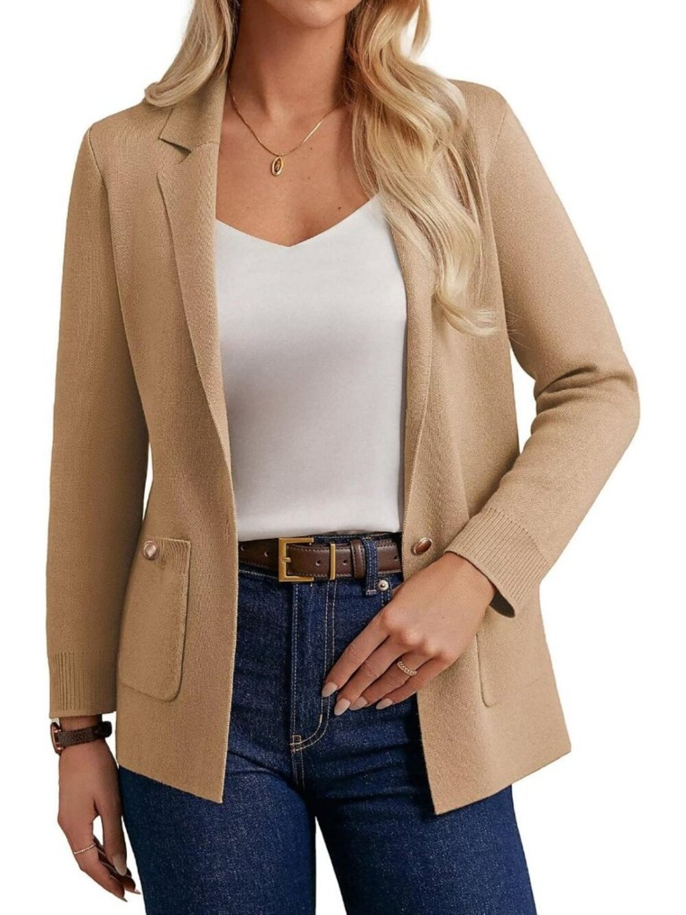 Chic Women’s Sweater Blazer - Business Casual Long Sleeve Cardigan with Pockets